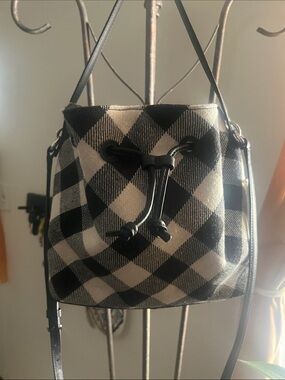 Talbots Gingham Black & white Plaid Drawstring Bucket Bag - Women $149 retail